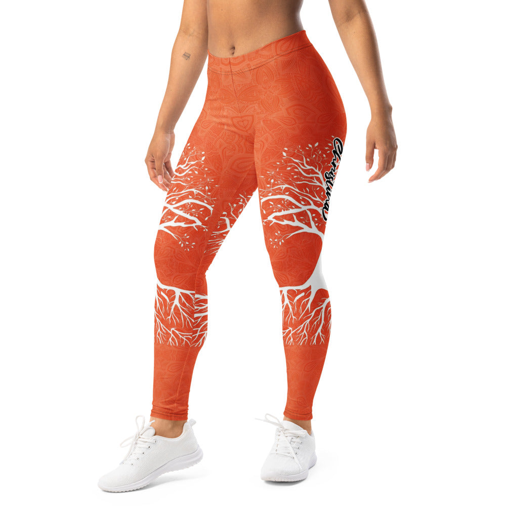 Personalisierte Damen Sportleggings Baum des Lebens Design Orange Weiß Yoga Fitness Leggings Mandala Muster O834