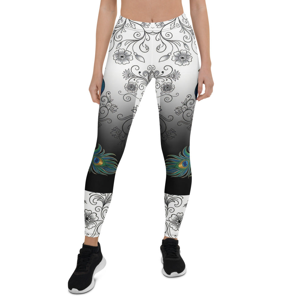 Personalisierte Damen Sportleggings Pfau Motiv Ornament Muster Schwarz Weiß Farbverlauf Fitness Yoga Leggings E701