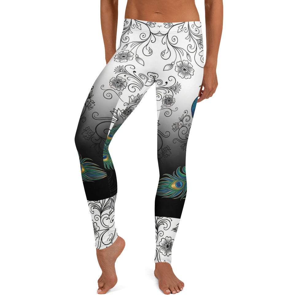 Personalisierte Damen Sportleggings Pfau Motiv Ornament Muster Schwarz Weiß Farbverlauf Fitness Yoga Leggings E701