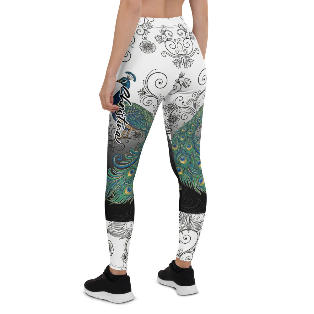 Personalisierte Damen Sportleggings Pfau Motiv Ornament Muster Schwarz Weiß Farbverlauf Fitness Yoga Leggings E701