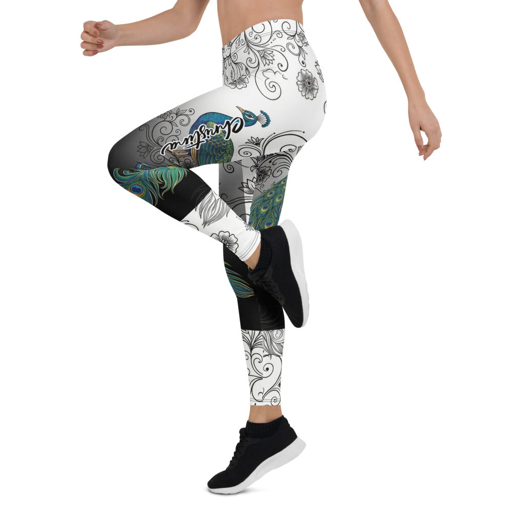 Personalisierte Damen Sportleggings Pfau Motiv Ornament Muster Schwarz Weiß Farbverlauf Fitness Yoga Leggings E701