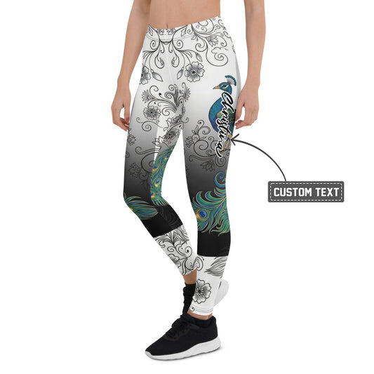 Personalisierte Damen Sportleggings Pfau Motiv Ornament Muster Schwarz Weiß Farbverlauf Fitness Yoga Leggings E701 - XL