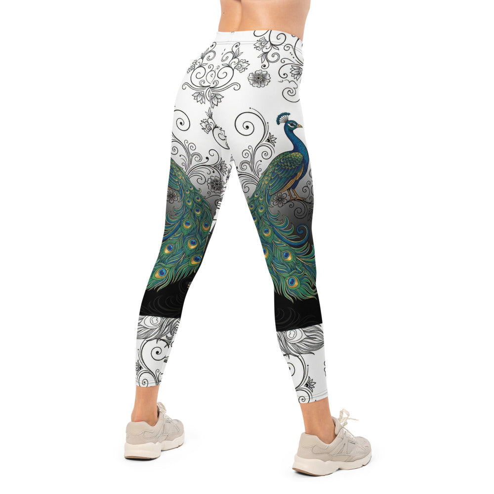 Personalisierte Damen Sportleggings Pfau Motiv Ornament Muster Schwarz Weiß Farbverlauf Fitness Yoga Leggings E701