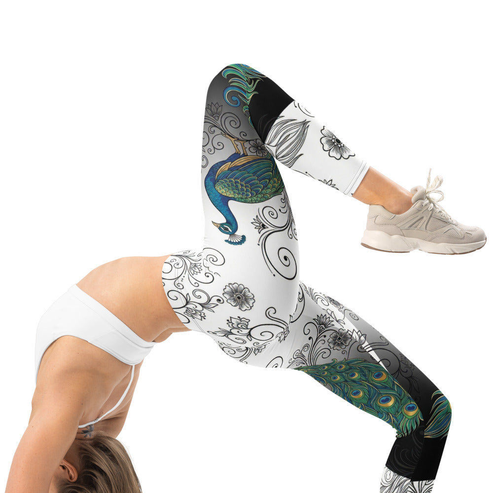 Personalisierte Damen Sportleggings Pfau Motiv Ornament Muster Schwarz Weiß Farbverlauf Fitness Yoga Leggings E701