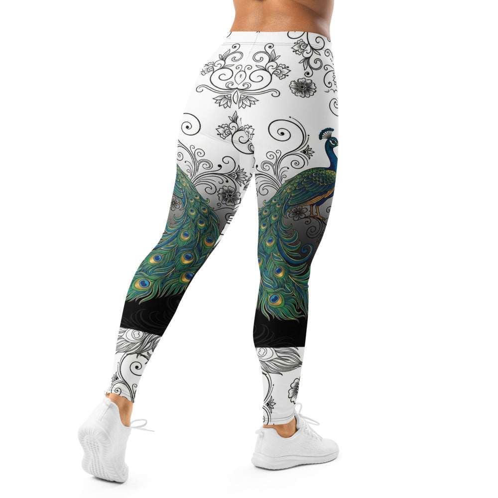 Personalisierte Damen Sportleggings Pfau Motiv Ornament Muster Schwarz Weiß Farbverlauf Fitness Yoga Leggings E701