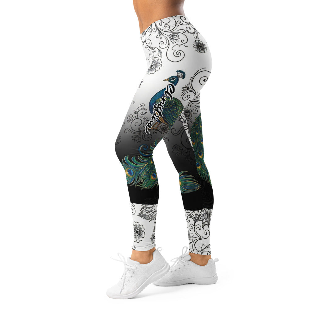 Personalisierte Damen Sportleggings Pfau Motiv Ornament Muster Schwarz Weiß Farbverlauf Fitness Yoga Leggings E701