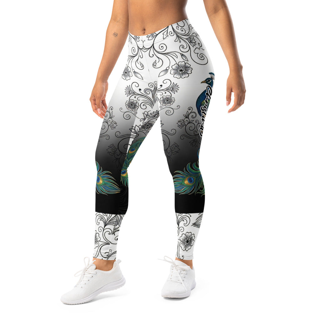 Personalisierte Damen Sportleggings Pfau Motiv Ornament Muster Schwarz Weiß Farbverlauf Fitness Yoga Leggings E701