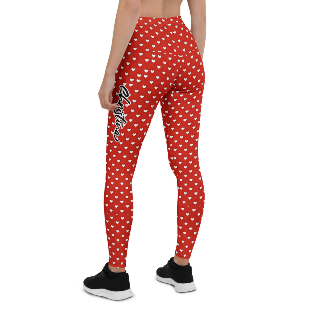Personalisierte Damen Sportleggings Rot Weiß Herzmuster Fitness Yoga Leggings W067