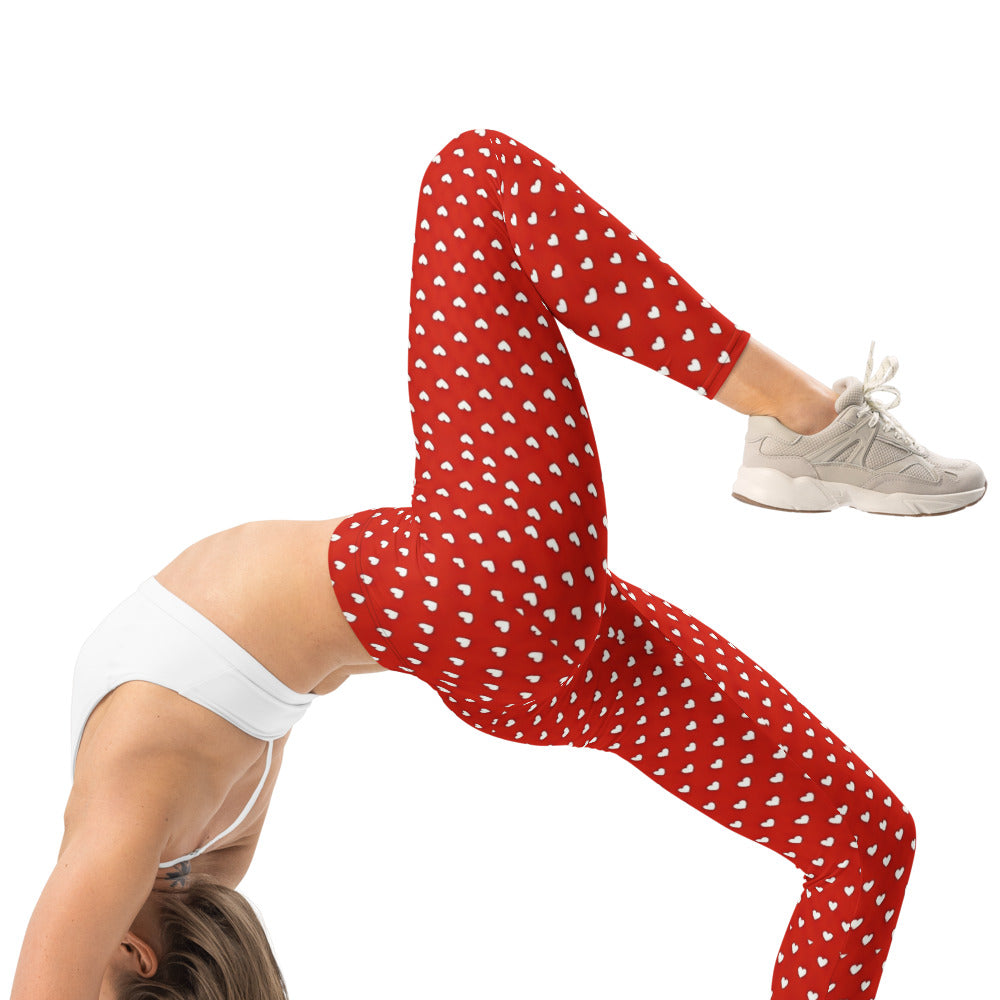 Personalisierte Damen Sportleggings Rot Weiß Herzmuster Fitness Yoga Leggings W067