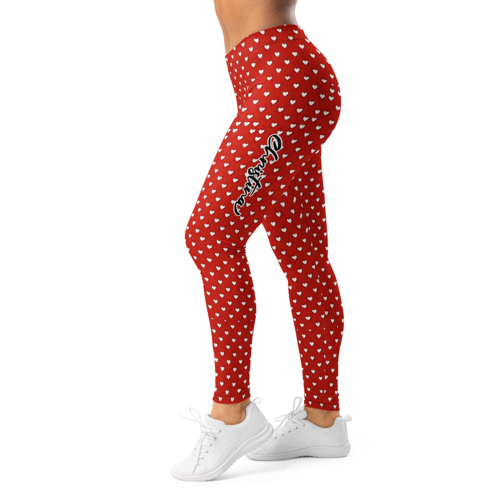 Personalisierte Damen Sportleggings Rot Weiß Herzmuster Fitness Yoga Leggings W067