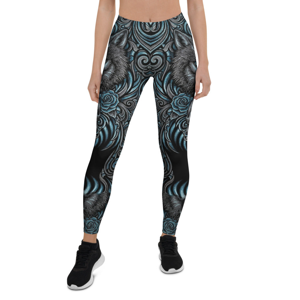 Personalisierte Sportleggings Damen Wolf Motiv Rosen Design Schwarz Blau Fitness Yoga Leggings G362