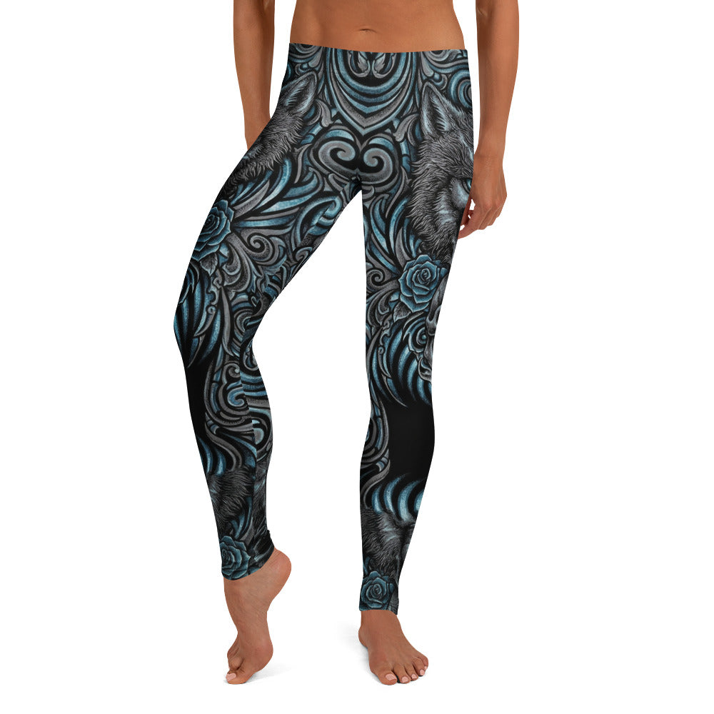 Personalisierte Sportleggings Damen Wolf Motiv Rosen Design Schwarz Blau Fitness Yoga Leggings G362
