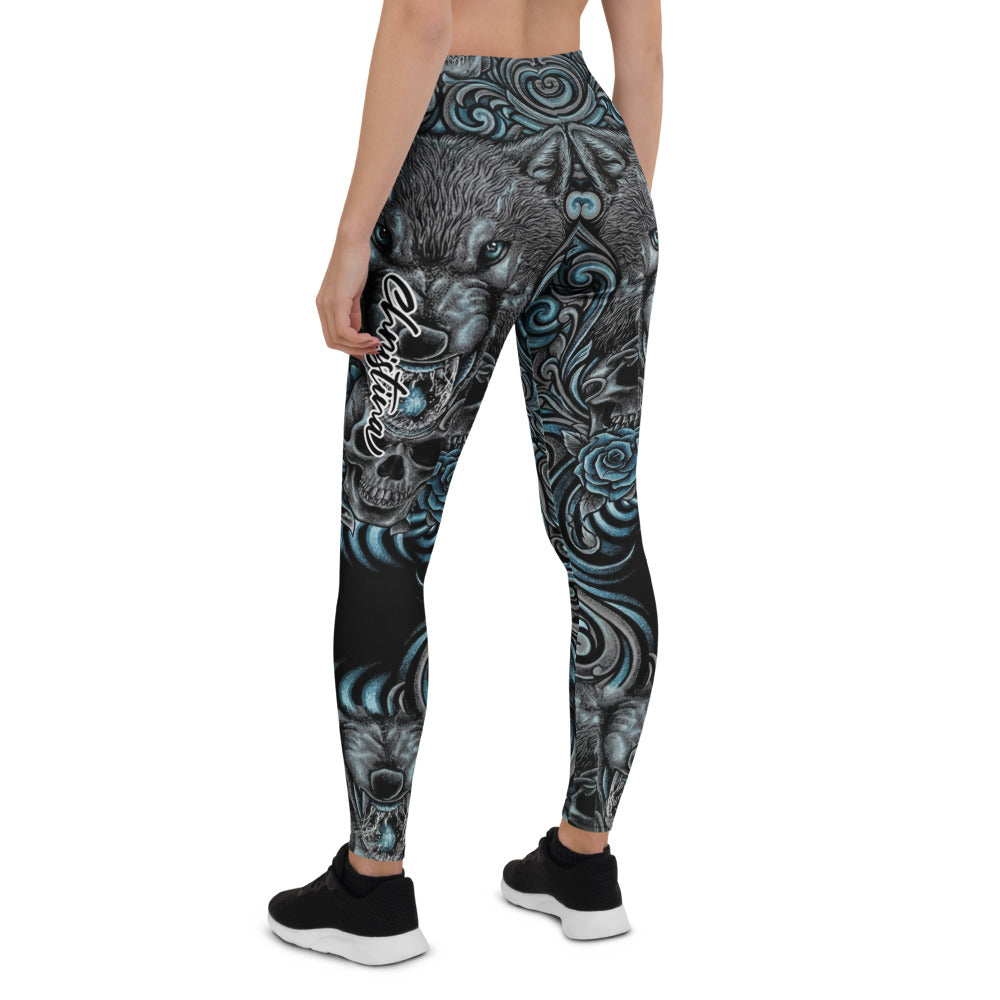 Personalisierte Sportleggings Damen Wolf Motiv Rosen Design Schwarz Blau Fitness Yoga Leggings G362