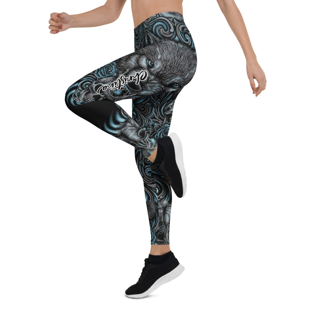 Personalisierte Sportleggings Damen Wolf Motiv Rosen Design Schwarz Blau Fitness Yoga Leggings G362