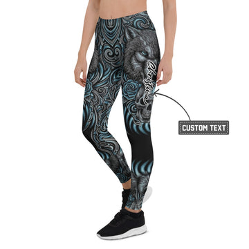Personalisierte Sportleggings Damen Wolf Motiv Rosen Design Schwarz Blau Fitness Yoga Leggings G362 - XL