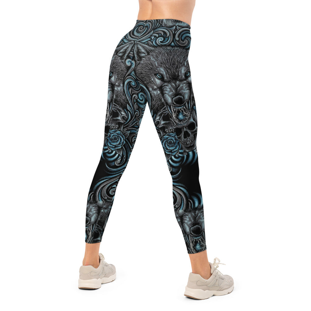 Personalisierte Sportleggings Damen Wolf Motiv Rosen Design Schwarz Blau Fitness Yoga Leggings G362