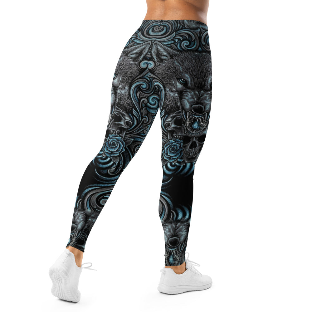 Personalisierte Sportleggings Damen Wolf Motiv Rosen Design Schwarz Blau Fitness Yoga Leggings G362