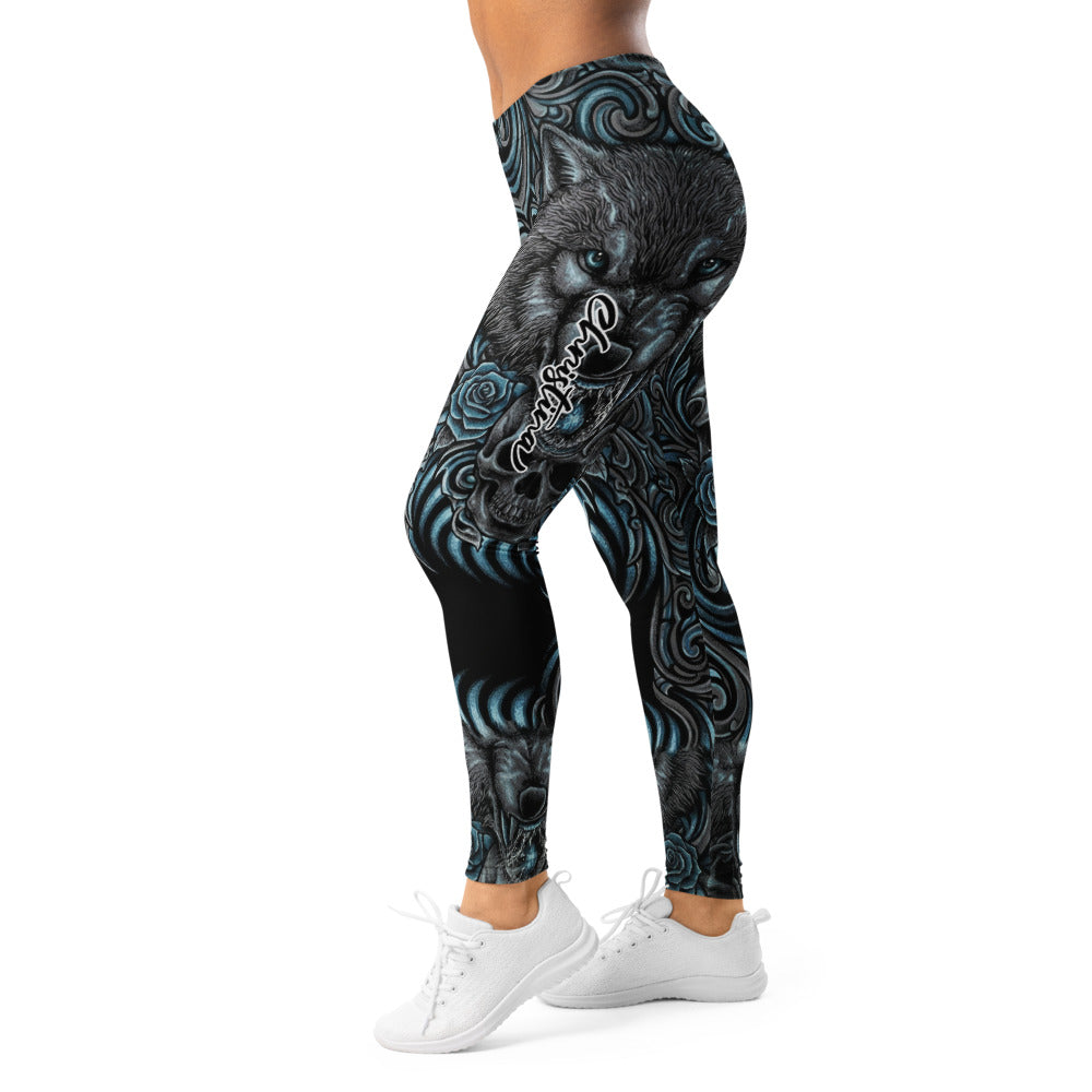Personalisierte Sportleggings Damen Wolf Motiv Rosen Design Schwarz Blau Fitness Yoga Leggings G362