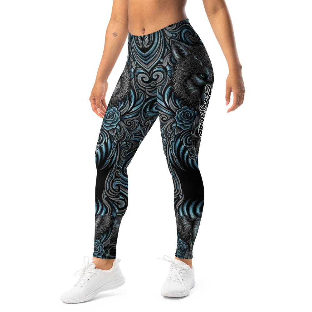 Personalisierte Sportleggings Damen Wolf Motiv Rosen Design Schwarz Blau Fitness Yoga Leggings G362