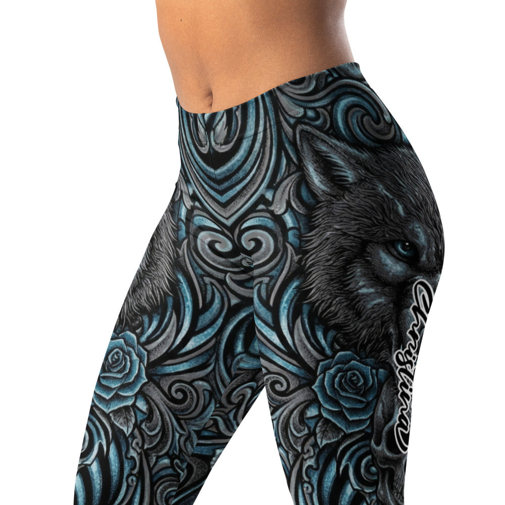 Personalisierte Sportleggings Damen Wolf Motiv Rosen Design Schwarz Blau Fitness Yoga Leggings G362