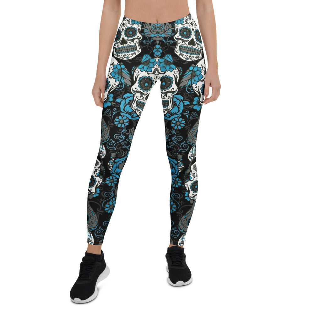 Personalisierte Damen Sportleggings Totenkopf Design Schwarz Blau Fitness Yoga Leggings Q520