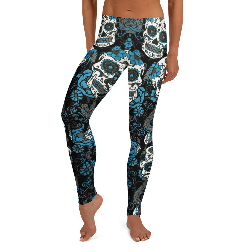 Personalisierte Damen Sportleggings Totenkopf Design Schwarz Blau Fitness Yoga Leggings Q520