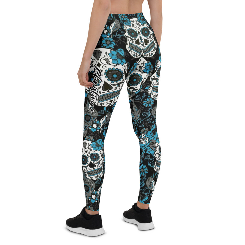 Personalisierte Damen Sportleggings Totenkopf Design Schwarz Blau Fitness Yoga Leggings Q520
