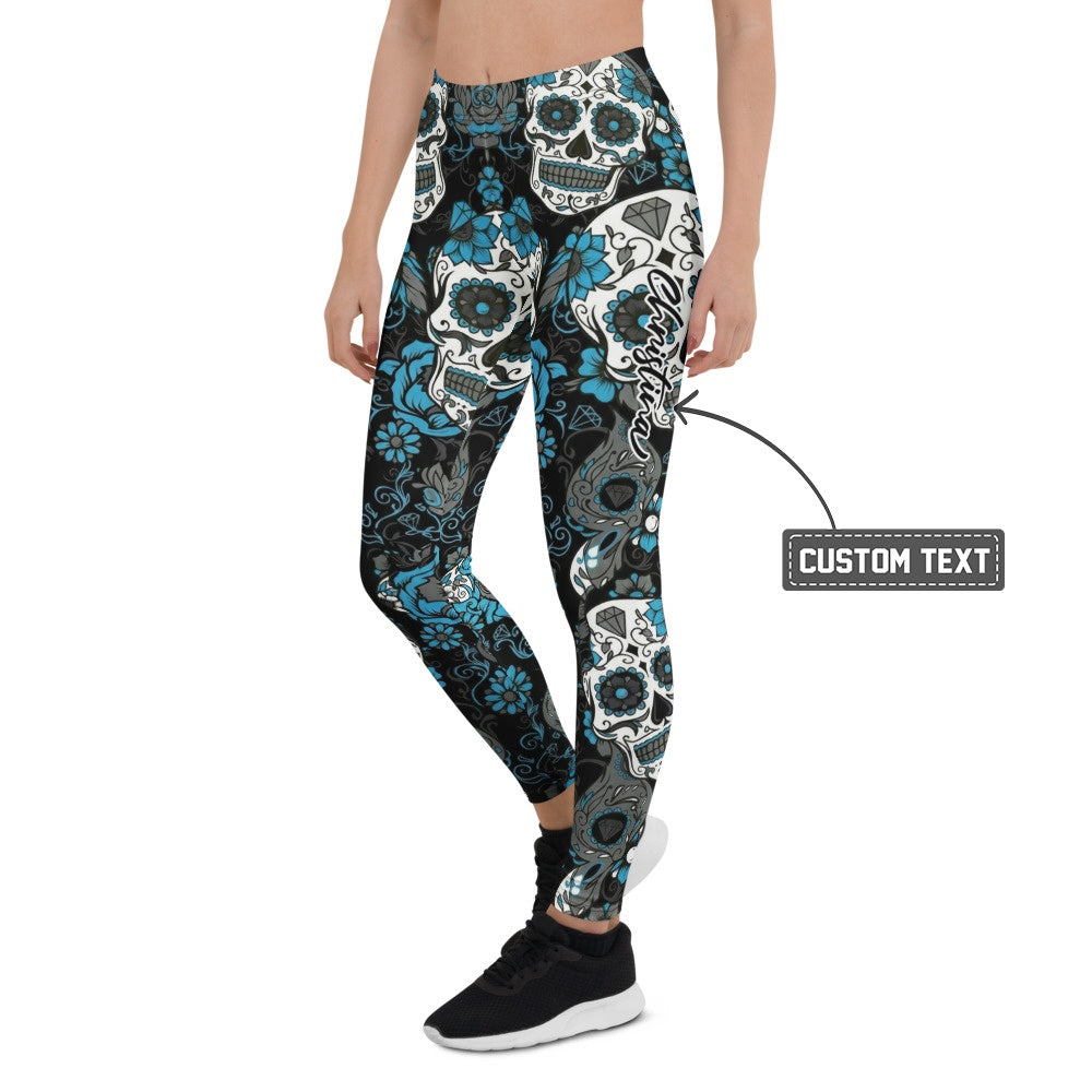 Personalisierte Damen Sportleggings Totenkopf Design Schwarz Blau Fitness Yoga Leggings Q520 - XL