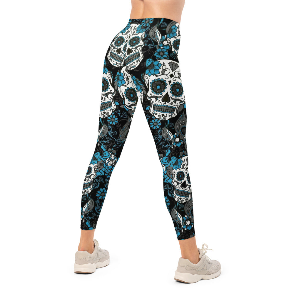 Personalisierte Damen Sportleggings Totenkopf Design Schwarz Blau Fitness Yoga Leggings Q520