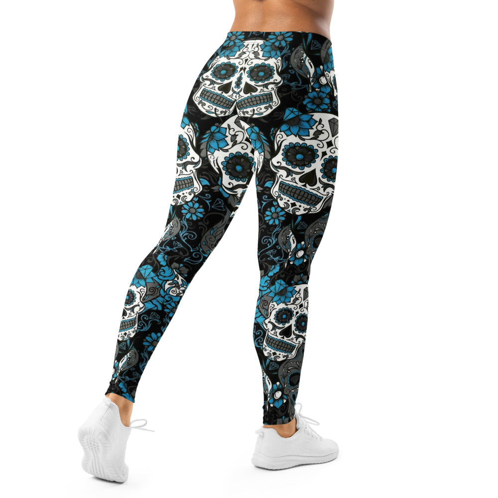 Personalisierte Damen Sportleggings Totenkopf Design Schwarz Blau Fitness Yoga Leggings Q520