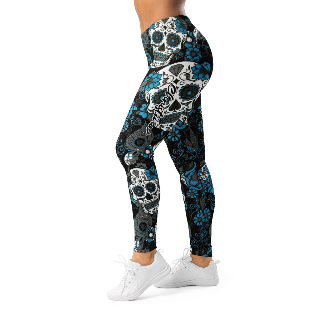 Personalisierte Damen Sportleggings Totenkopf Design Schwarz Blau Fitness Yoga Leggings Q520