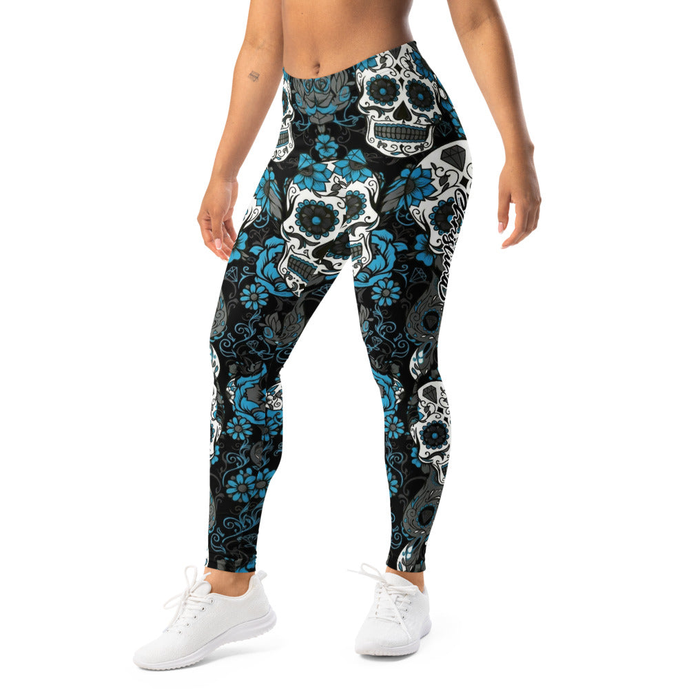 Personalisierte Damen Sportleggings Totenkopf Design Schwarz Blau Fitness Yoga Leggings Q520