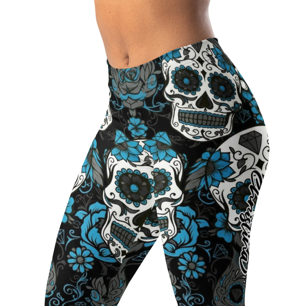 Personalisierte Damen Sportleggings Totenkopf Design Schwarz Blau Fitness Yoga Leggings Q520