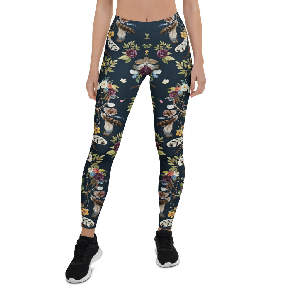 Personalisierte Damen Sportleggings Dunkelblau Blumenmuster Federn Yoga Fitnesshose Boho Design I482