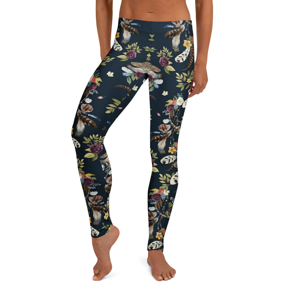Personalisierte Damen Sportleggings Dunkelblau Blumenmuster Federn Yoga Fitnesshose Boho Design I482