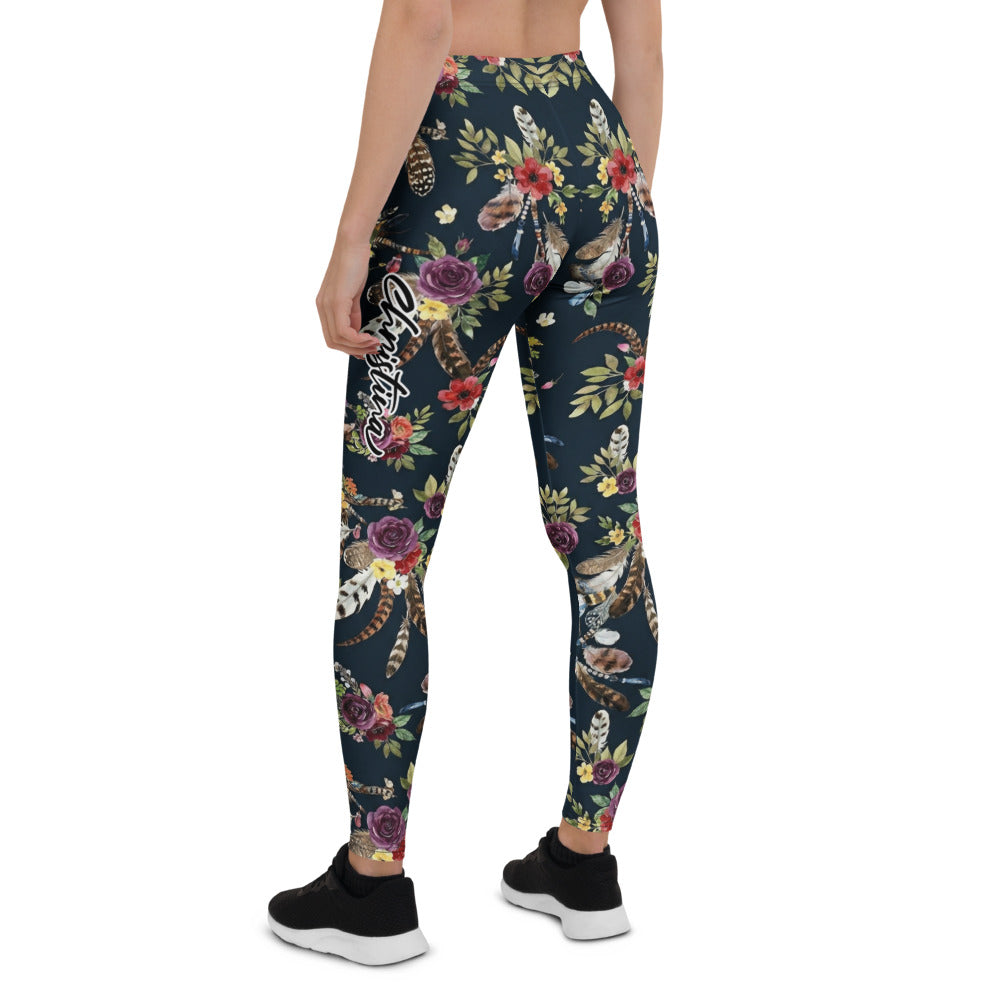Personalisierte Damen Sportleggings Dunkelblau Blumenmuster Federn Yoga Fitnesshose Boho Design I482