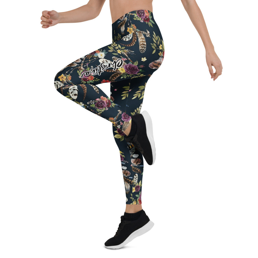 Personalisierte Damen Sportleggings Dunkelblau Blumenmuster Federn Yoga Fitnesshose Boho Design I482