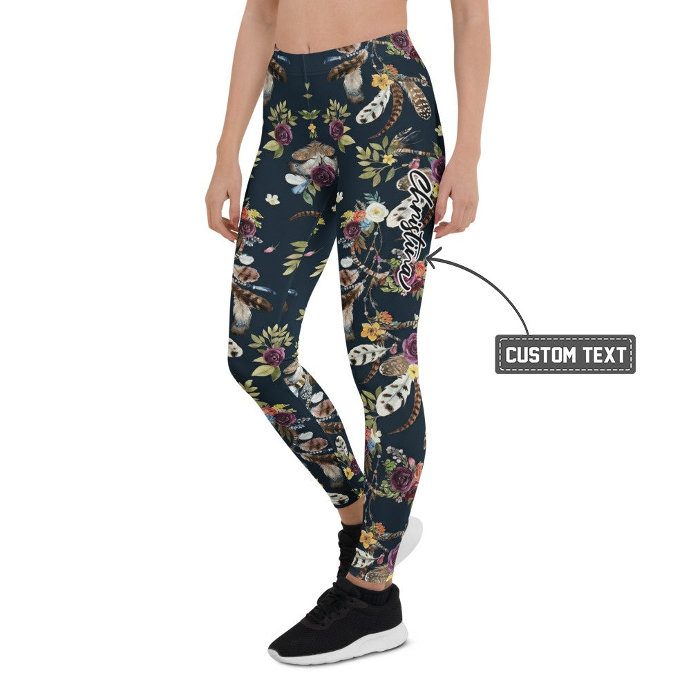 Personalisierte Damen Sportleggings Dunkelblau Blumenmuster Federn Yoga Fitnesshose Boho Design I482 - XL