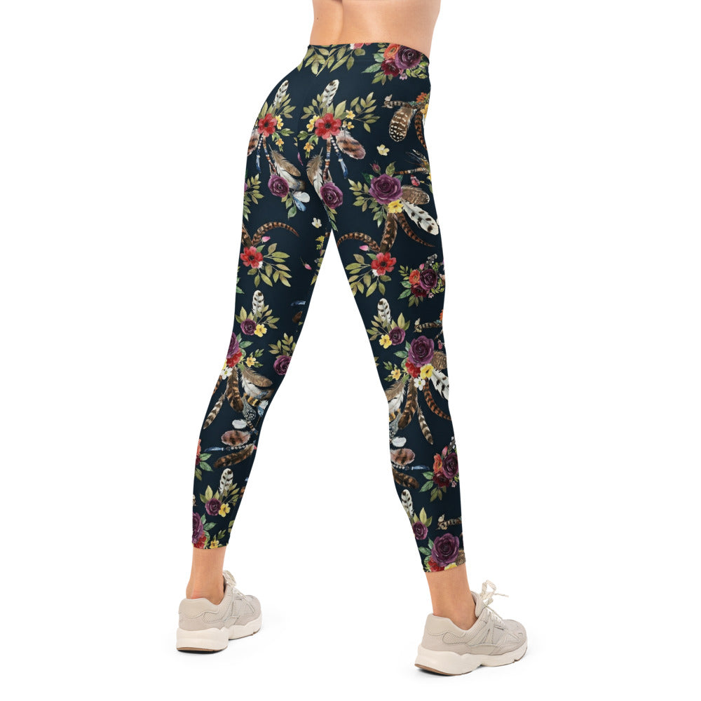 Personalisierte Damen Sportleggings Dunkelblau Blumenmuster Federn Yoga Fitnesshose Boho Design I482
