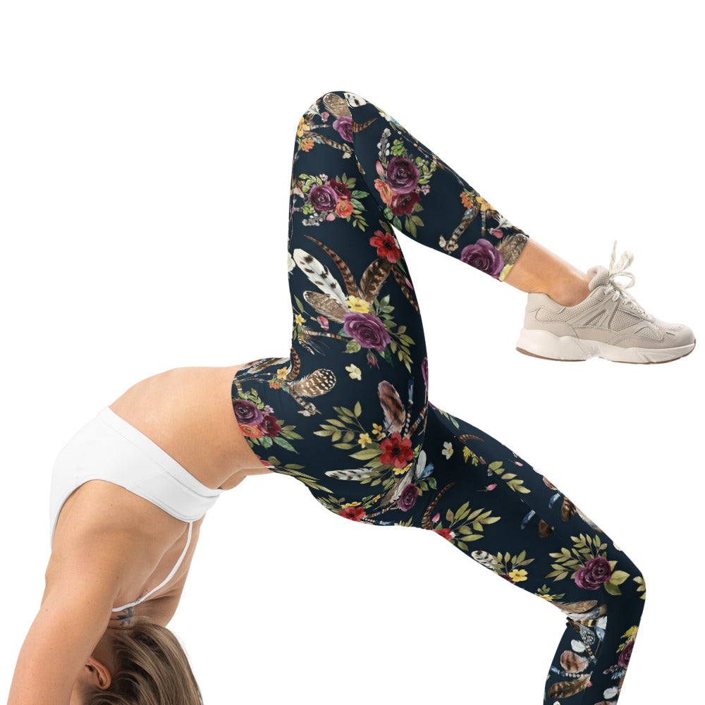 Personalisierte Damen Sportleggings Dunkelblau Blumenmuster Federn Yoga Fitnesshose Boho Design I482