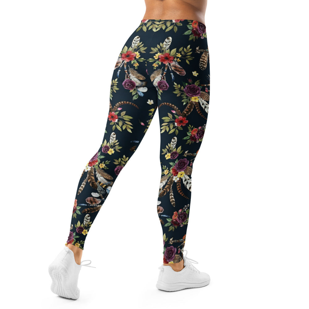 Personalisierte Damen Sportleggings Dunkelblau Blumenmuster Federn Yoga Fitnesshose Boho Design I482