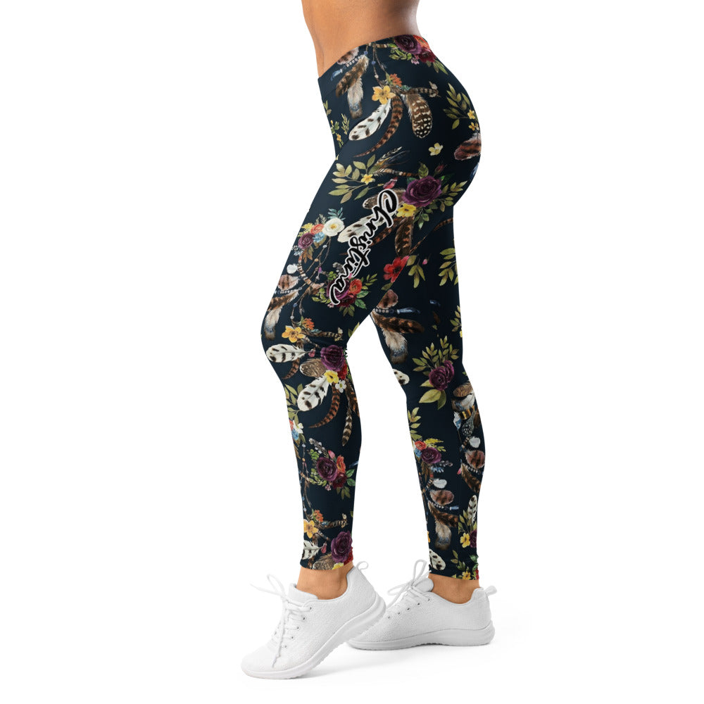 Personalisierte Damen Sportleggings Dunkelblau Blumenmuster Federn Yoga Fitnesshose Boho Design I482
