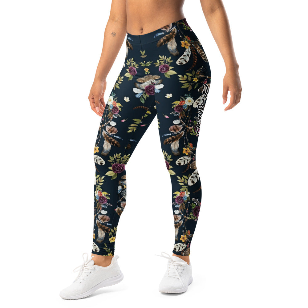 Personalisierte Damen Sportleggings Dunkelblau Blumenmuster Federn Yoga Fitnesshose Boho Design I482