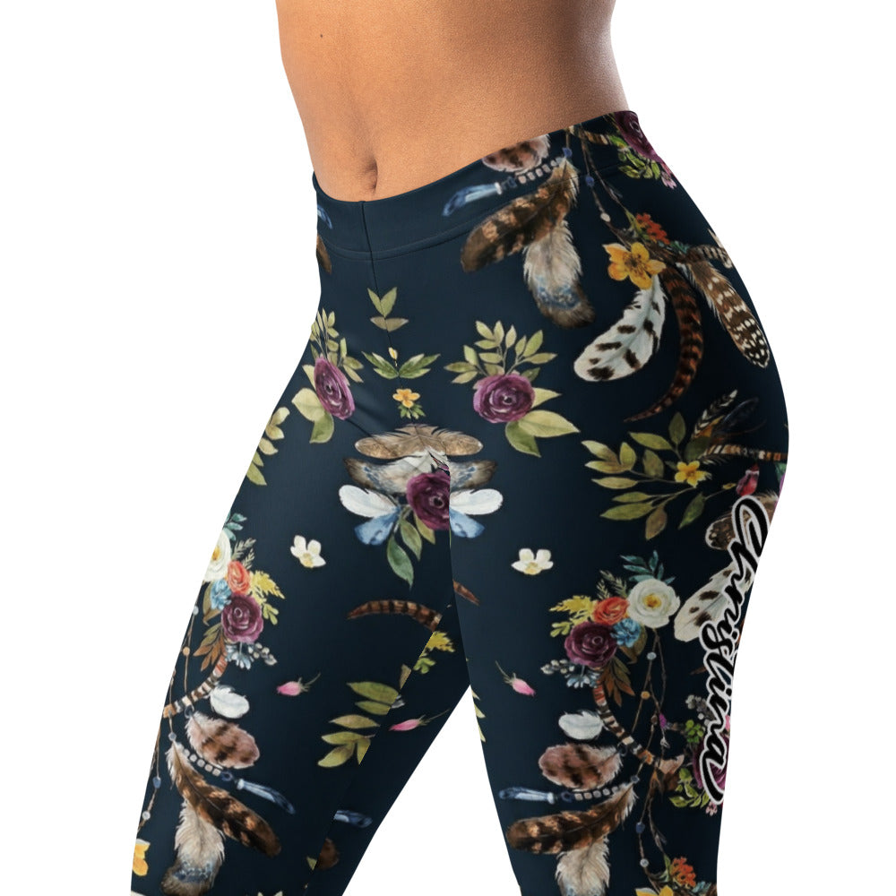 Personalisierte Damen Sportleggings Dunkelblau Blumenmuster Federn Yoga Fitnesshose Boho Design I482