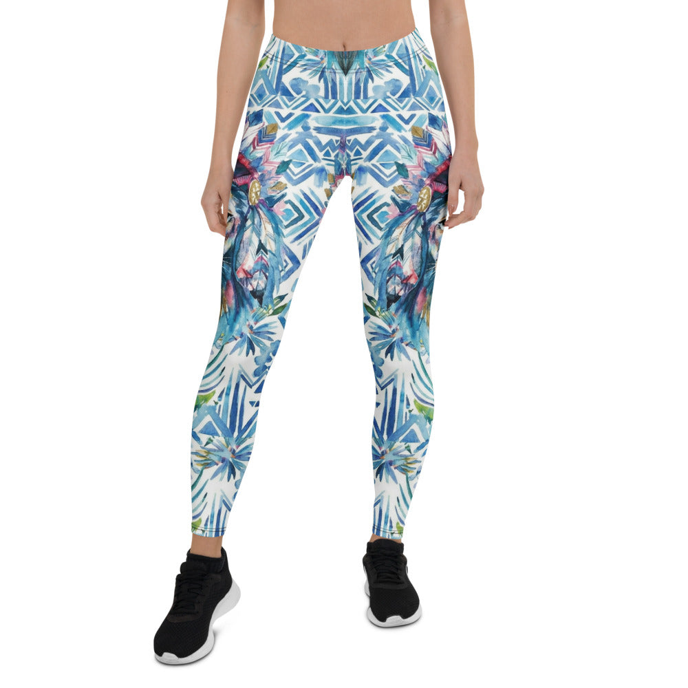 Personalisierte Damen Sportleggings Blau Weiß Geometrisches Muster Löwe Design Ethno Fitness Leggings Q974