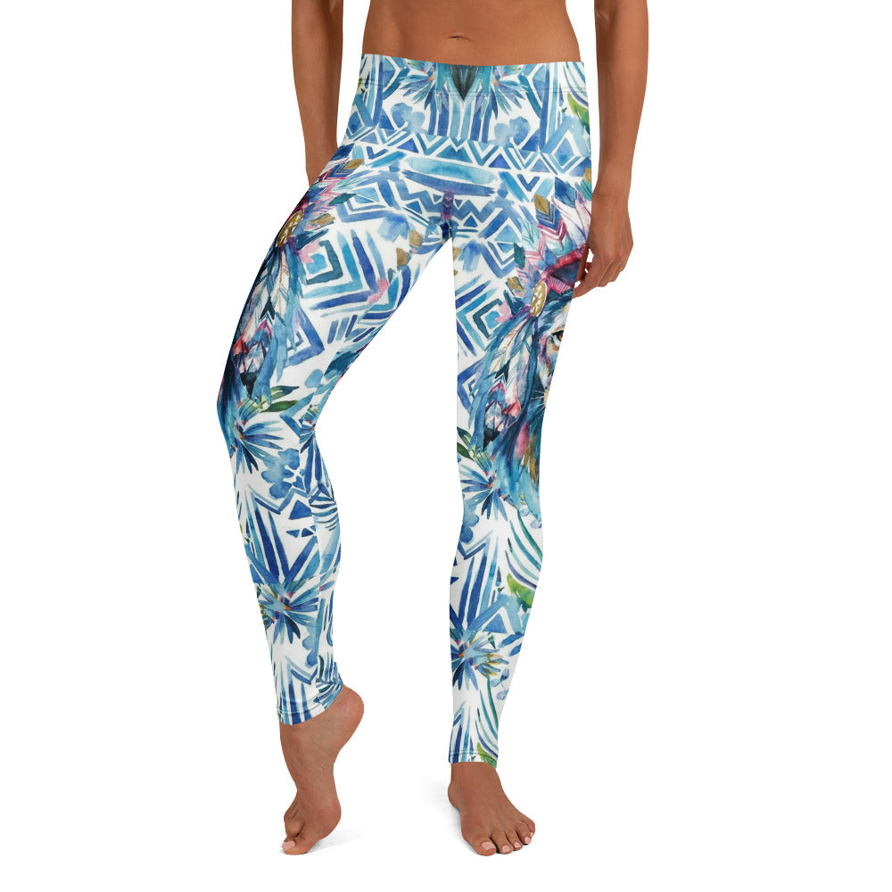 Personalisierte Damen Sportleggings Blau Weiß Geometrisches Muster Löwe Design Ethno Fitness Leggings Q974