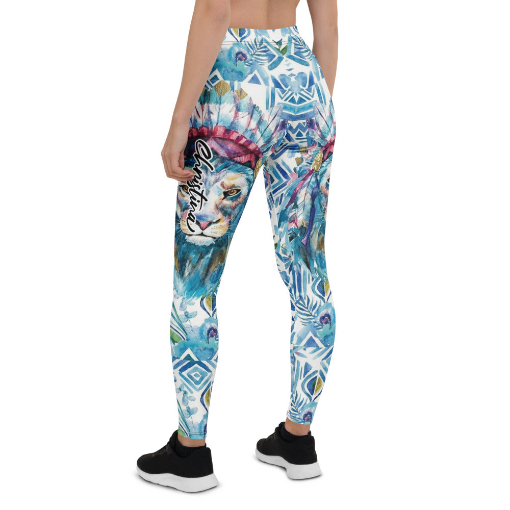 Personalisierte Damen Sportleggings Blau Weiß Geometrisches Muster Löwe Design Ethno Fitness Leggings Q974