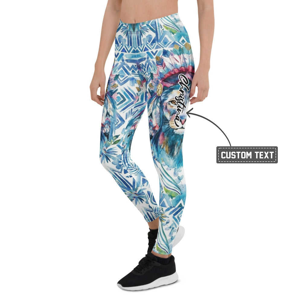 Personalisierte Damen Sportleggings Blau Weiß Geometrisches Muster Löwe Design Ethno Fitness Leggings Q974 - XL