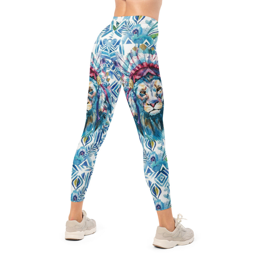 Personalisierte Damen Sportleggings Blau Weiß Geometrisches Muster Löwe Design Ethno Fitness Leggings Q974