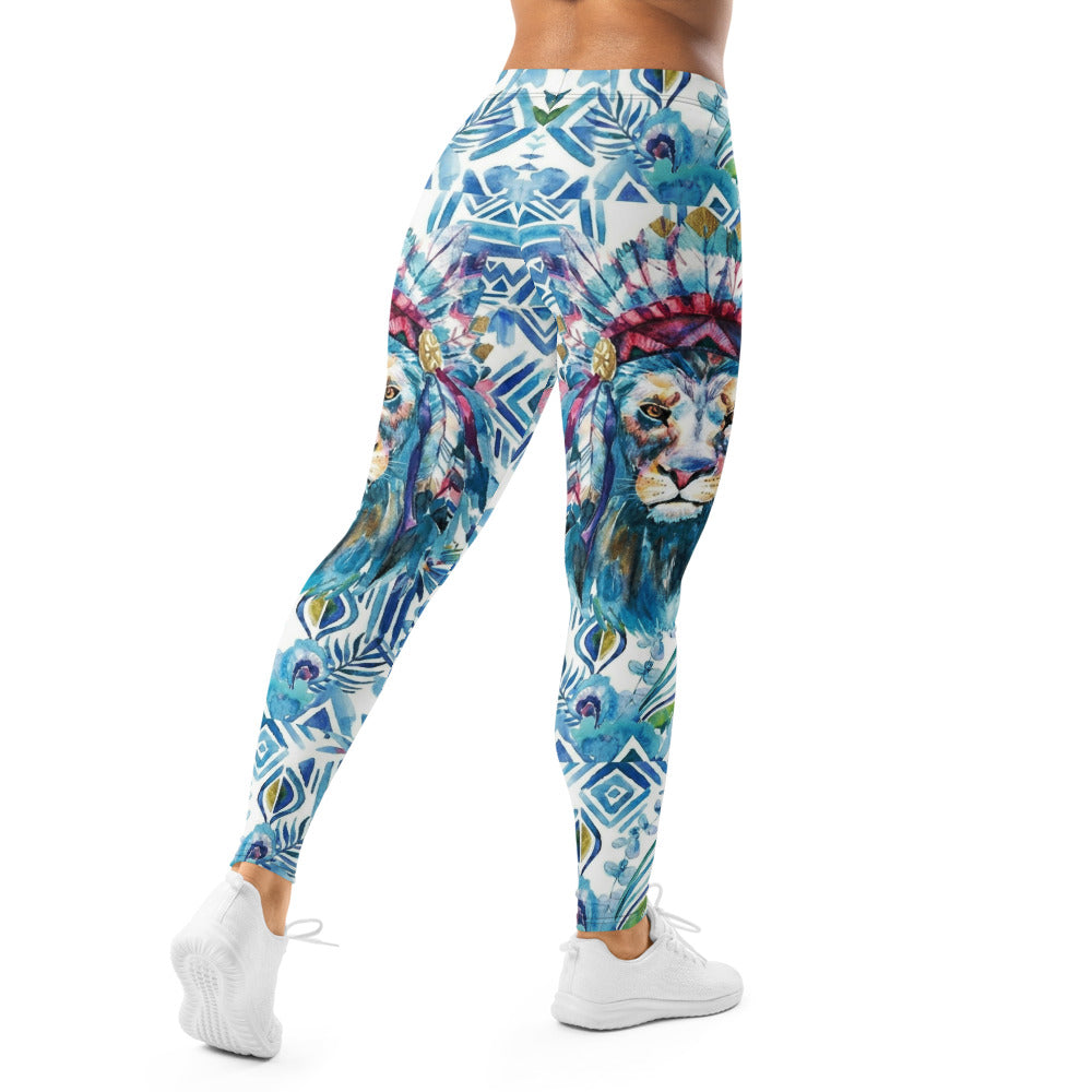 Personalisierte Damen Sportleggings Blau Weiß Geometrisches Muster Löwe Design Ethno Fitness Leggings Q974